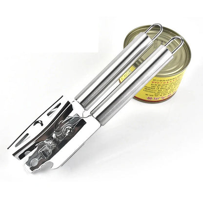 Stainless steel can opener with universal packaging options for easy kitchen use