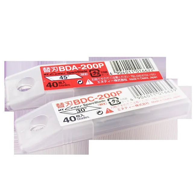 Two packs of NT Cutter replacement surgical blades: BDC-200P 30 degree and BDA-200P 45 degree, 40 pieces each.