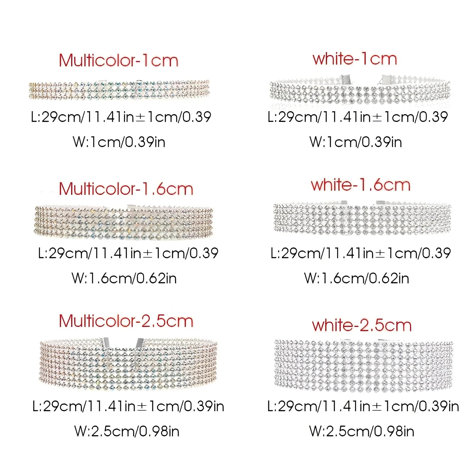 Women's full crystal rhinestone choker necklace, 29cm length with 10cm extension, multicolor or white options in 1-2.5cm widths
