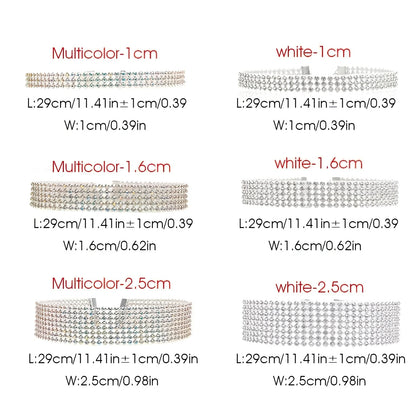 Women's full crystal rhinestone choker necklace, 29cm length with 10cm extension, multicolor or white options in 1-2.5cm widths