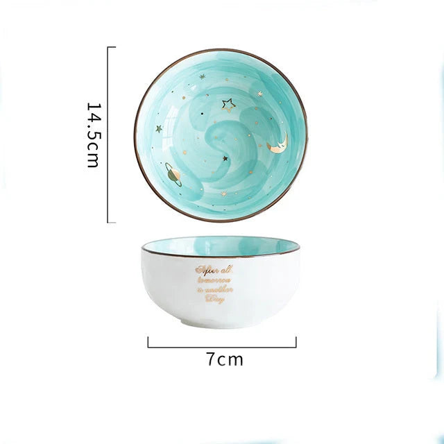 Nordic style ceramic breakfast salad bowl with star pattern in green, light blue, pink, and blue