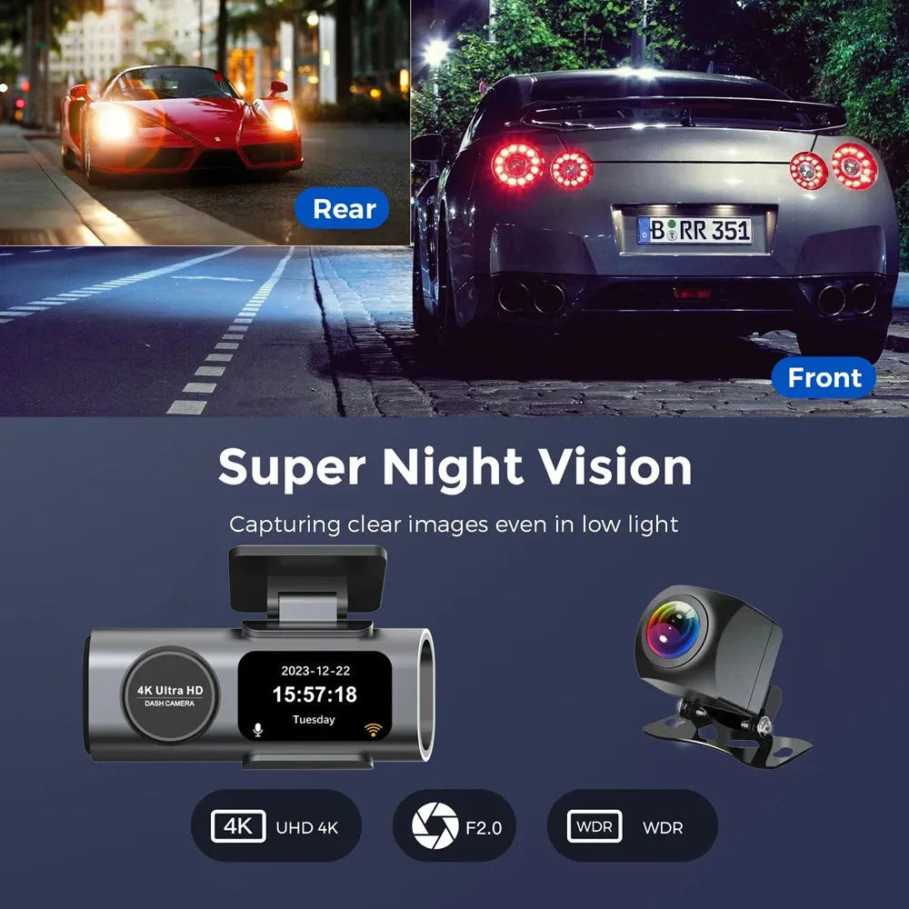 4K WiFi dash cam with night vision, 1.3-inch screen, and parking surveillance mode
