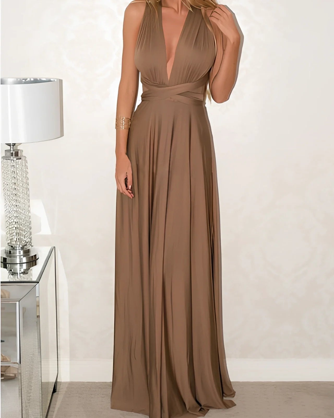 Women's khaki multiway bandage maxi dress with long straps, backless lace design, floor-length 158cm swing skirt in polyester milk silk