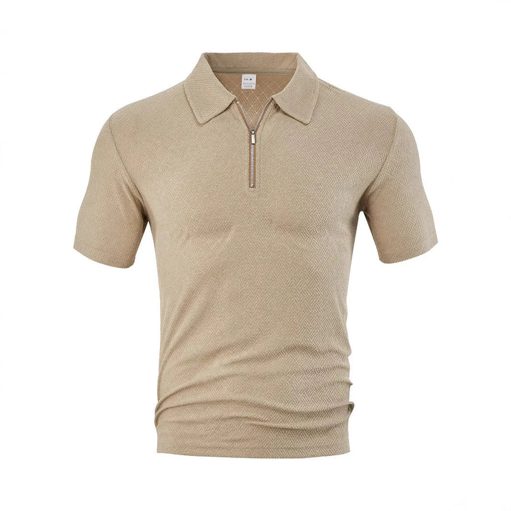 Men's loose zippered short sleeve casual shirt in navy blue with polyester fabric
