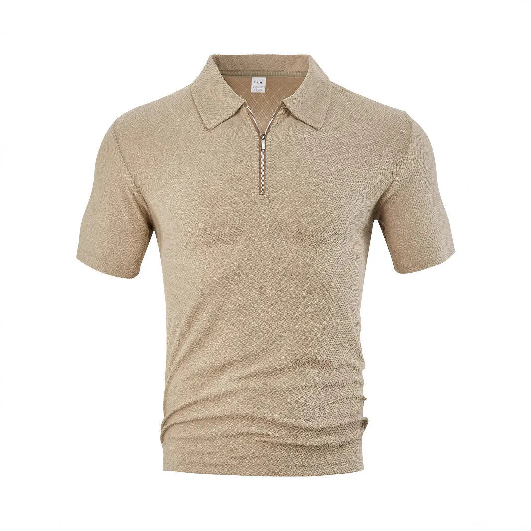 Men's loose zippered short sleeve casual shirt in navy blue with polyester fabric