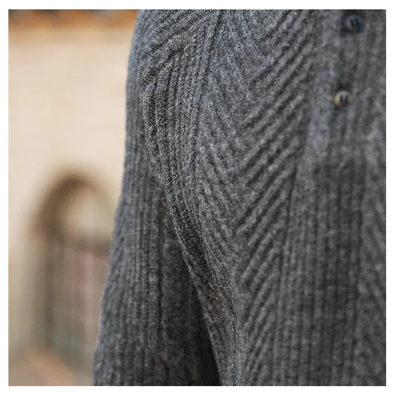 Men's thickened warm base sweater with stand collar and lapel in apricot colour