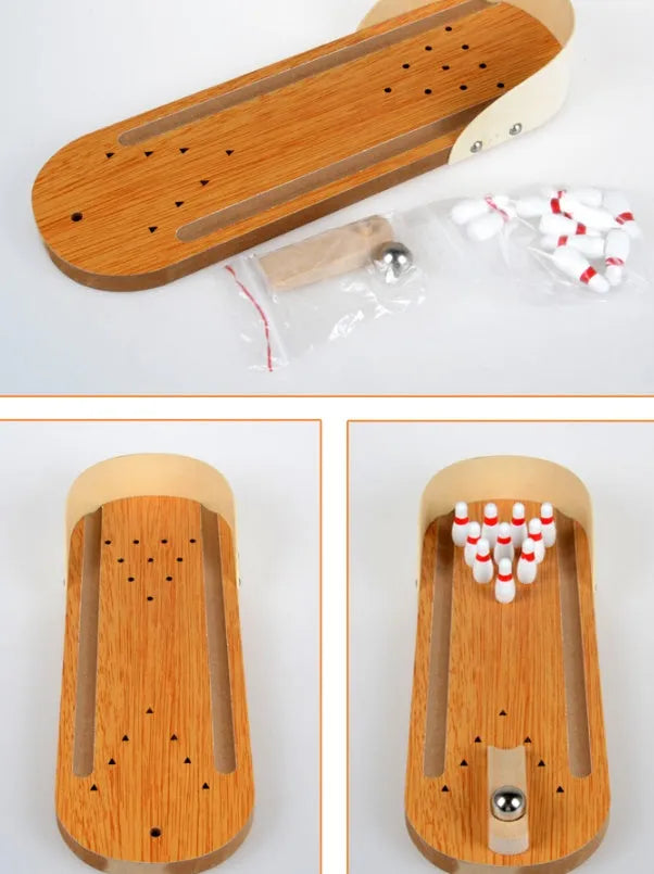 Children's educational wooden mini bowling set with pins and ball on a tabletop for interactive play