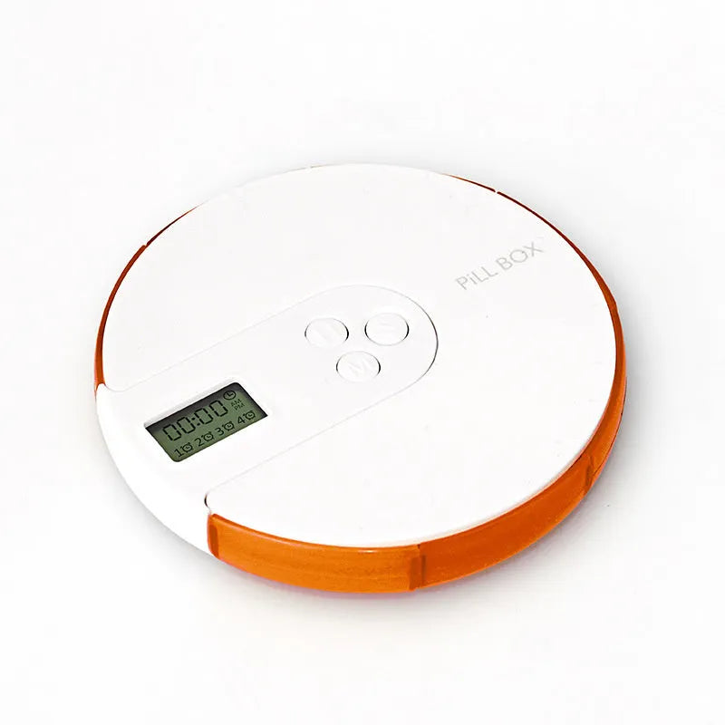 A compact blue alarm clock pill dispenser with seven compartments and an LED time display.