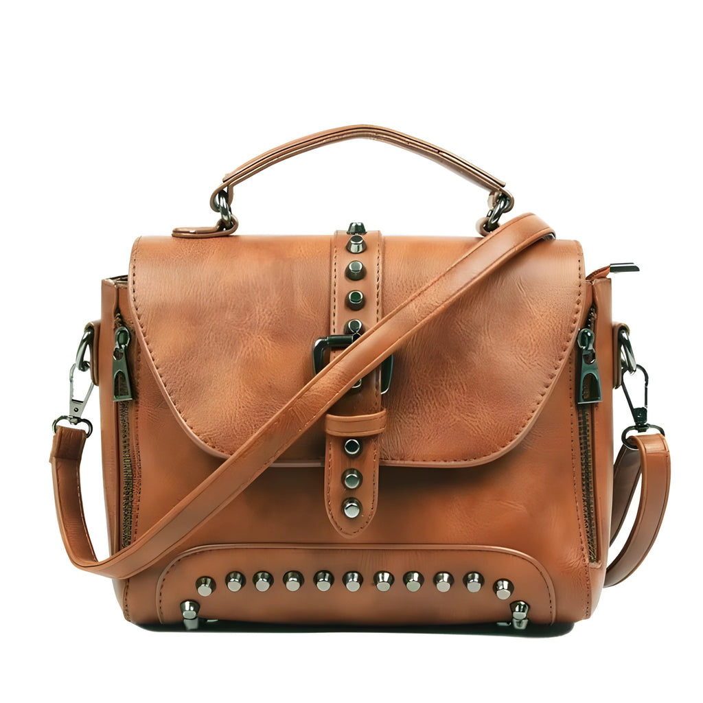 Vintage leather crossbody handbag with flap pocket and rivet detail in brown, size 25x20x12cm
