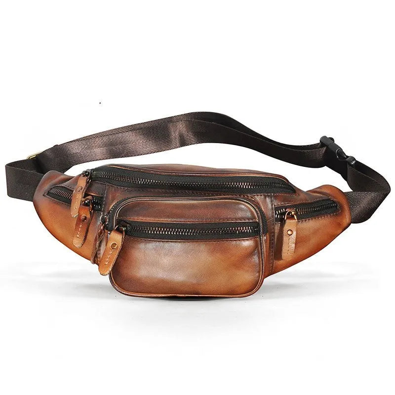 Brown leather shoulder messenger bag with single strap showing dimensions of 32x15x9cm