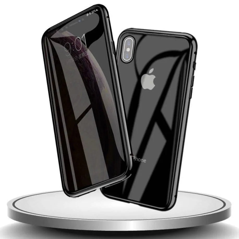 Glass anti-spy clamshell phone case in multiple colours for iPhone models.