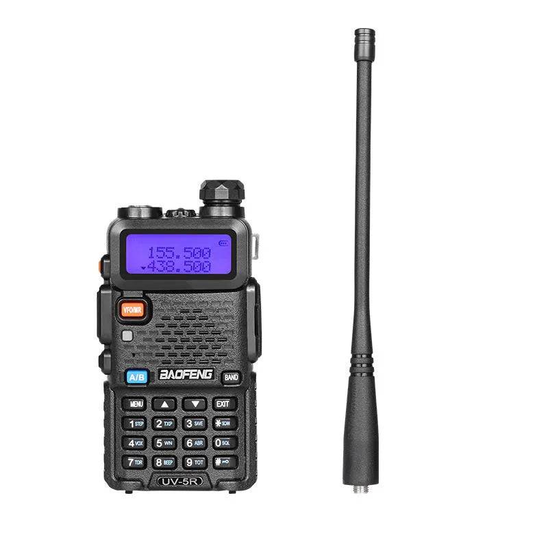 Black dual-band VHF UHF walkie talkie with 128 channels and a 5-10 km communication range.