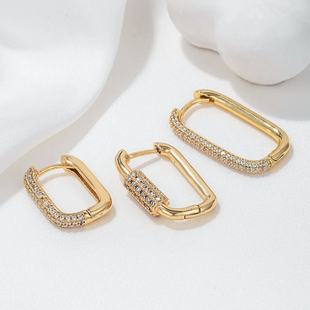 Geometric copper ear clip earrings three-piece set with inlaid zircon stones in gold or white colour