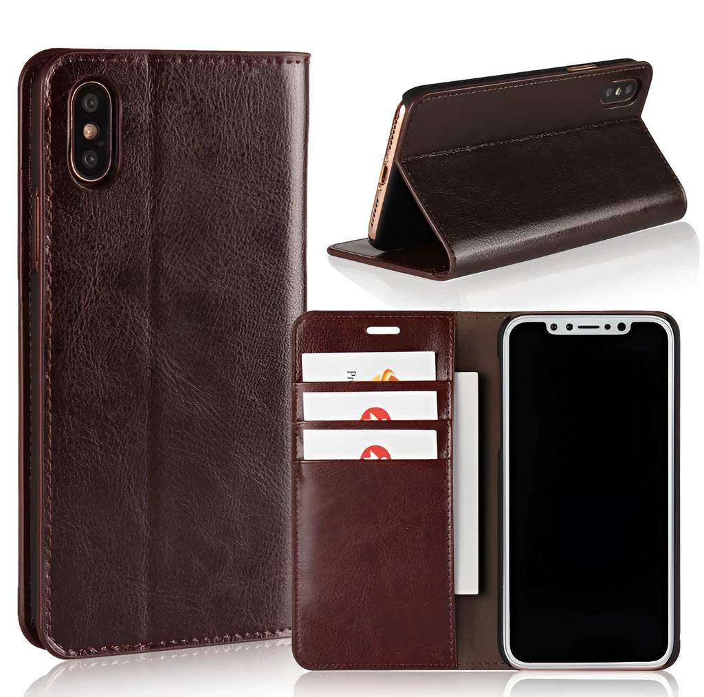 Genuine leather flip wallet case for iPhone XR with crazy horse pattern in brown colour, showing card slots