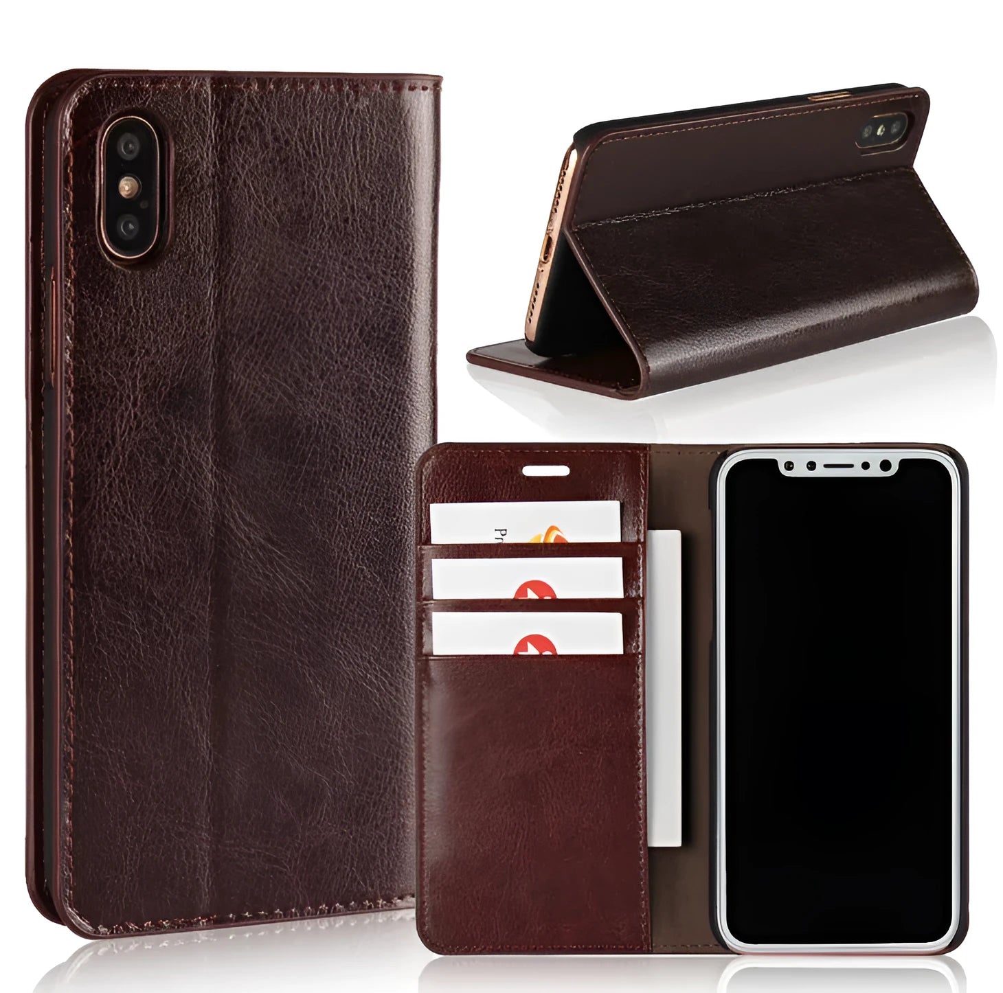 Genuine leather flip wallet case for iPhone XR with crazy horse pattern in brown colour, showing card slots