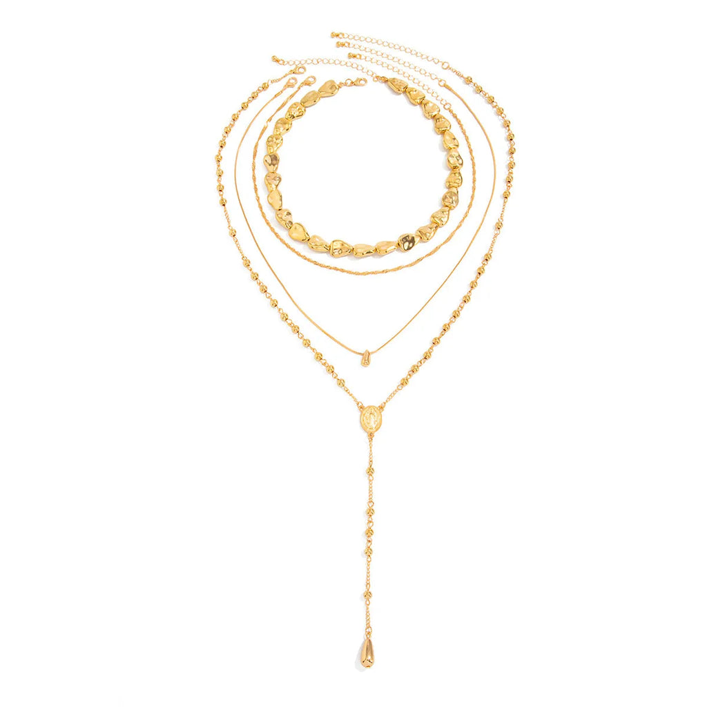 Irregular shaped CCB beaded long necklace in gold set 6836 on display showing geometric alloy pendant and adjustable chain