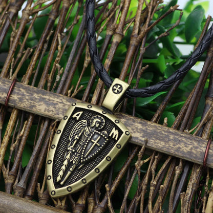 Saint Michael Archangel Pendant Necklace in ancient silver and bronze finishes with detailed cartoon character design