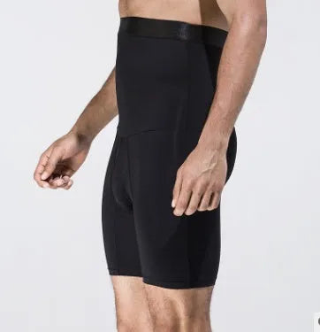 Men's body shaping slimming shorts in black with wide waistband for tummy tuck and back support