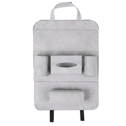 Car backseat organiser with multiple pockets measuring 40x55cm in wool felt material