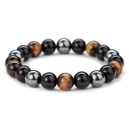 Hand-woven tiger eye stone bracelet in natural colours, showcasing unique texture and geometric design.