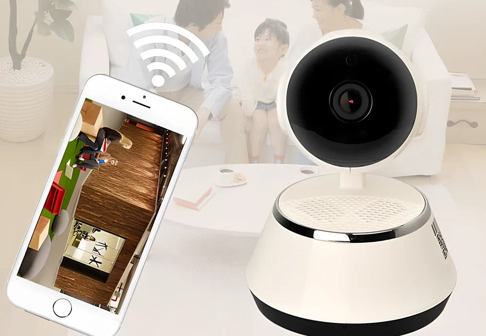 Compact 720P wireless IP camera in white ABS plastic, 9x9x12cm with IR lens for night vision and Micro SD slot, UK plug version shown