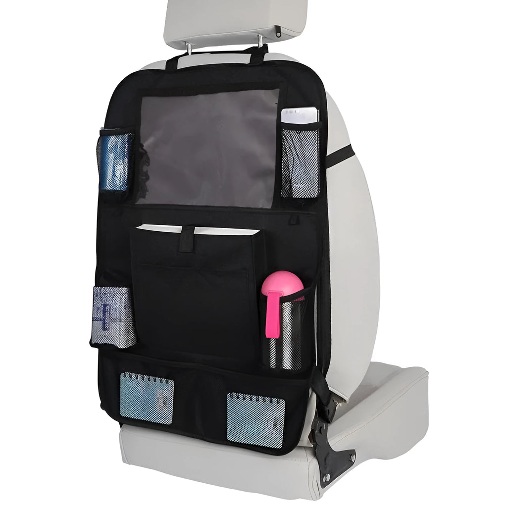 Car seat back storage bag 65x45cm 600D Oxford cloth mesh PVC hanging on seat back with compartments visible