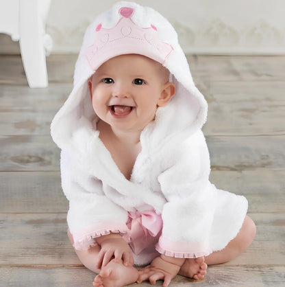 Cotton baby bathrobe with animal hood showing panda design, belt fastening, and absorbent fabric