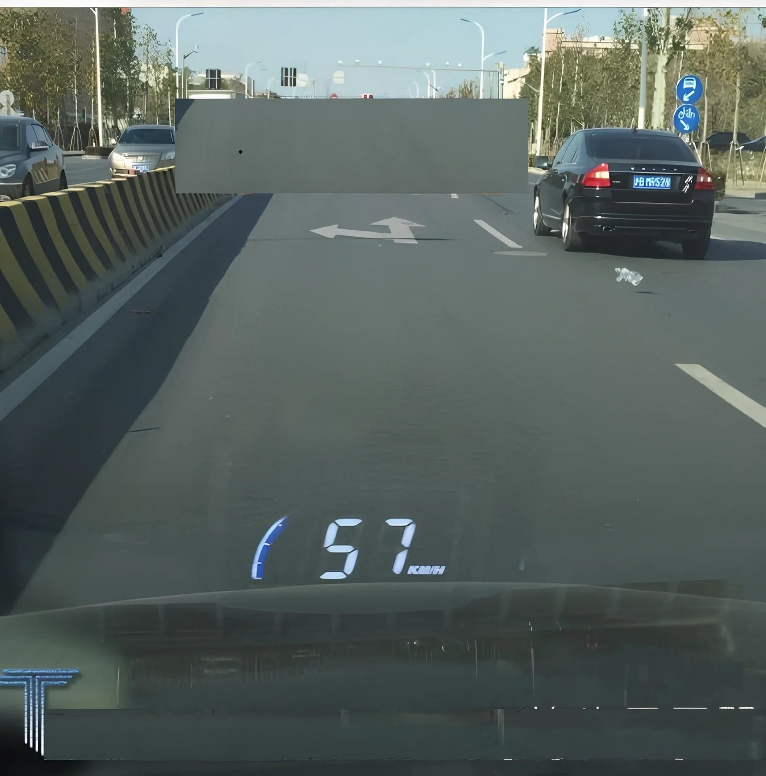 Black A101 OBD HUD display unit, 3-inch LED screen, 80mm x 50mm x 14mm size, showing speed projection