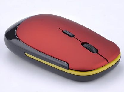 Red wireless Bluetooth optical mouse for laptops, 10x6x2cm size with 1200dpi sensor and 2m range