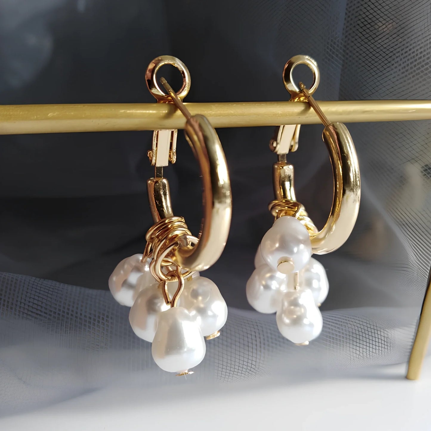 Women's gold pearl tassel earrings with geometric alloy design and electroplated finish, simple drop style for events
