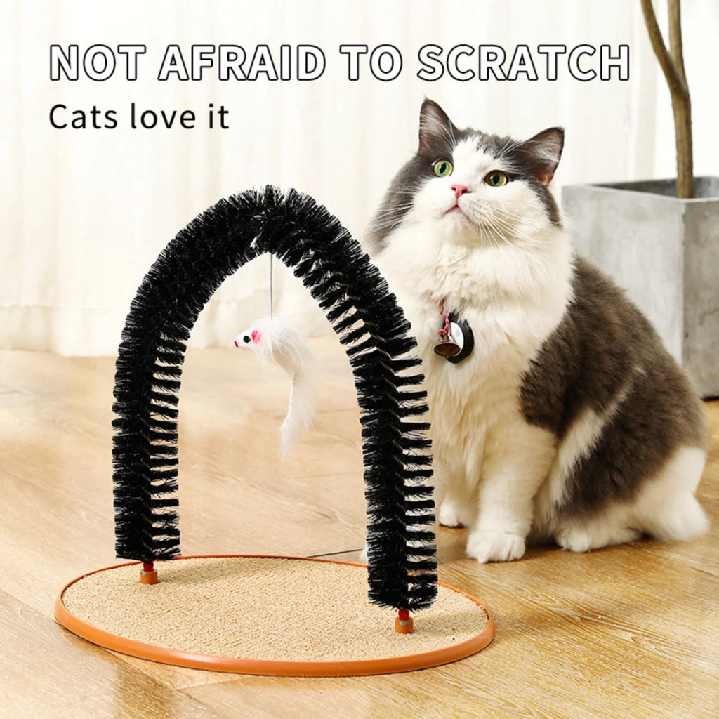 Black arch-shaped cat grooming brush with attached plush mouse toy on non-slip scratching base