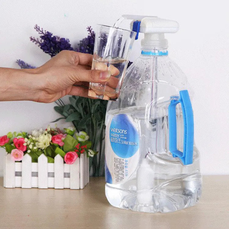 Electric beverage pumping device with a long straw and a blue pressure handle on a colour box.
