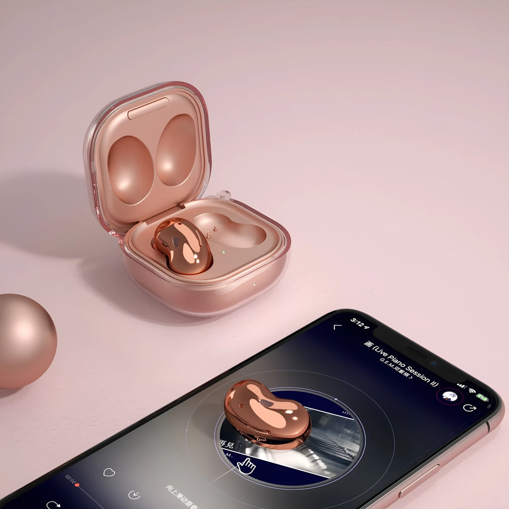 Transparent Bluetooth ear case replacement shell in clamshell design showing four colour variants
