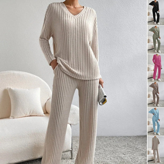 Women's polyester suit set with V-neck top and straight pants in various colours