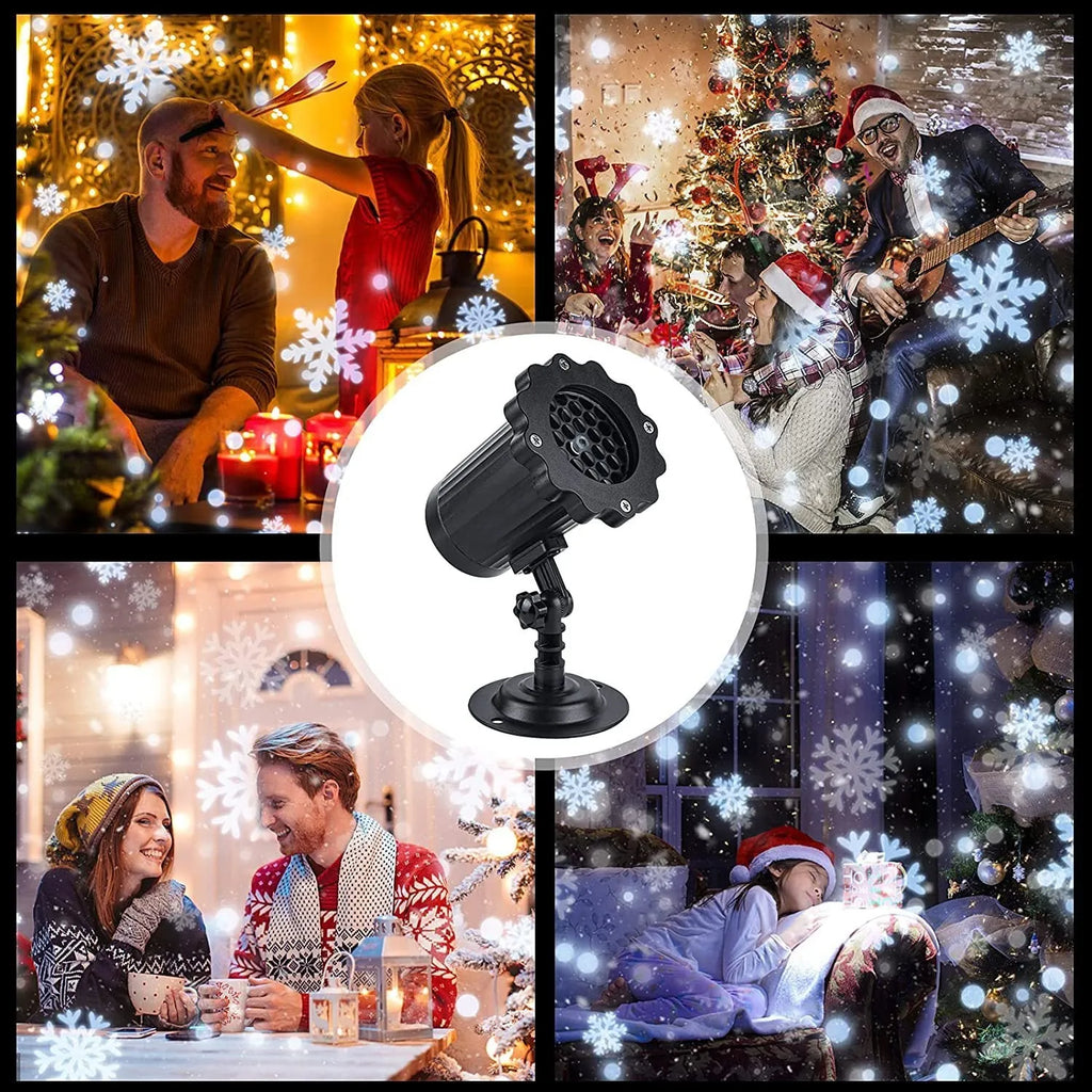 LED Christmas snowflake laser projector with white snowfall pattern on a garden lawn at night