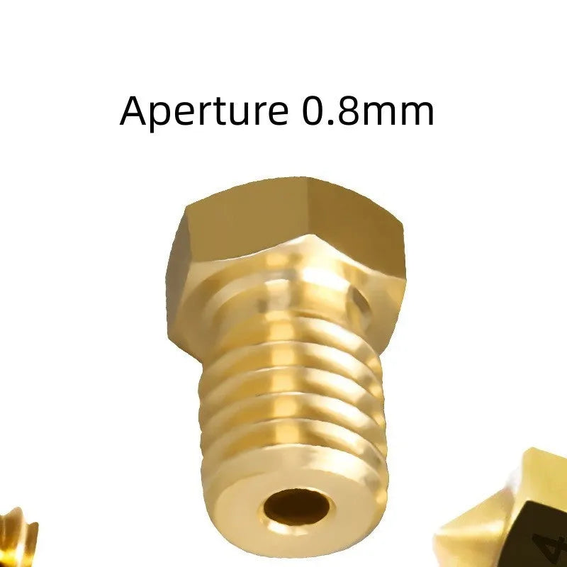E3D style brass 3D printer nozzle with M6 thread showing multiple aperture size options