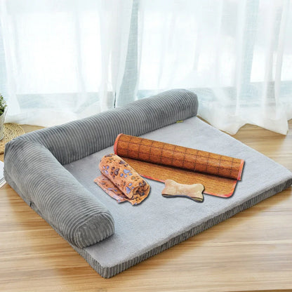 Corduroy Pet Sofa in various sizes and colors, featuring a non-slip base and high-density sponge padding