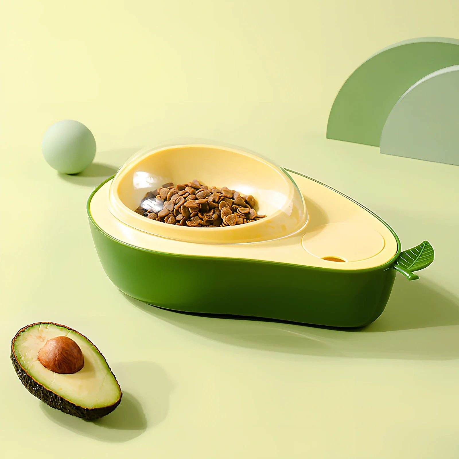 Avocado-shaped pet feeder with automatic water dispenser and separate food bowls in moonlight grey