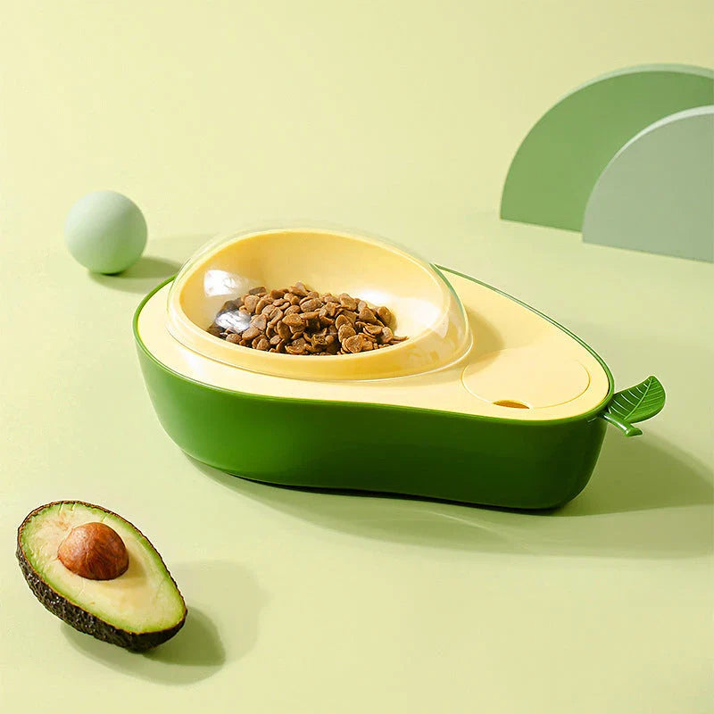 Avocado-shaped automatic pet feeder and water dispenser with adjustable bowl and siphon-based water system for dogs and cats