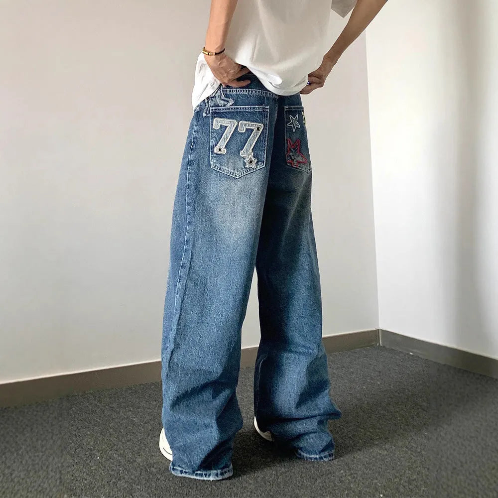 Blue embroidered high-waisted retro loose trousers for teenagers with zip placket cotton blend
