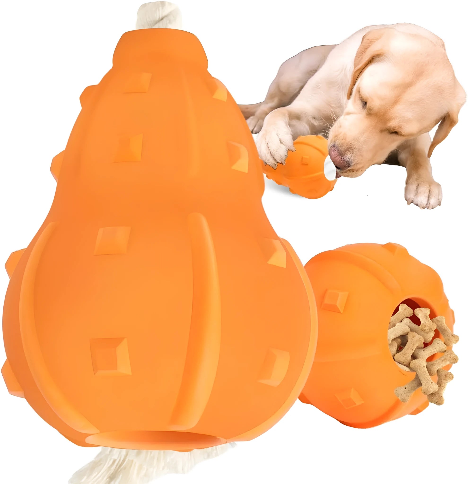 Natural rubber stuffable dog toy for small medium breeds with treat hole and long strap.