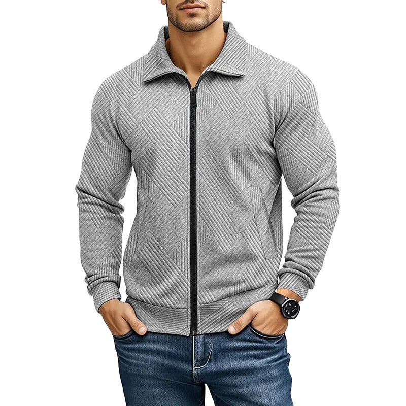 Men's solid colour casual jacket with a textured waffle turn-down collar, shown in multiple colour options.