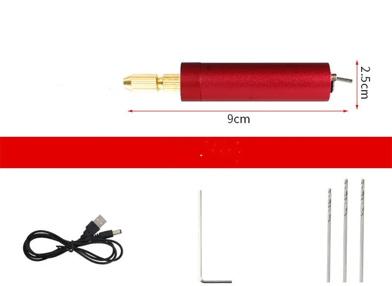 Aluminium USB mini grinder with three small drill bits and a wrench on a white background.