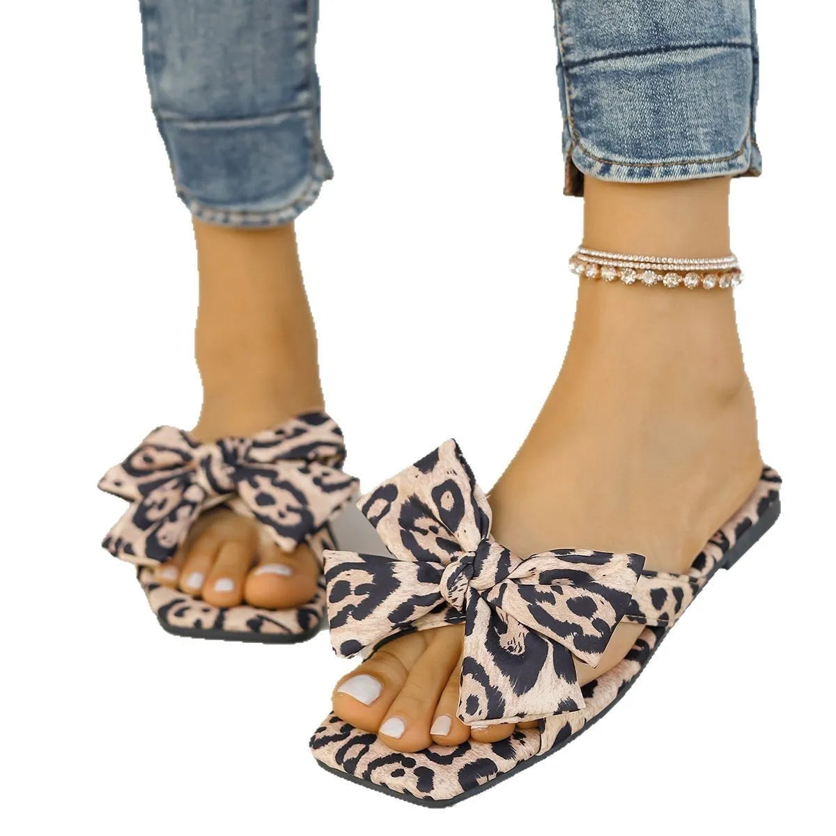 Women's bow leopard print square toe sandals with cloth upper and rubber sole in sizes 36 to 43