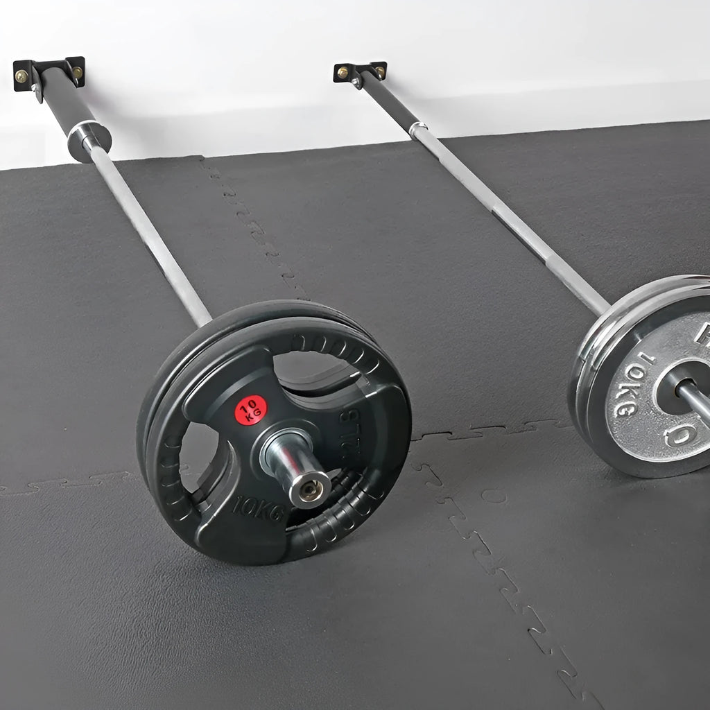 Steel wall-mounted barbell barrel rack with 25 vertical tube slots