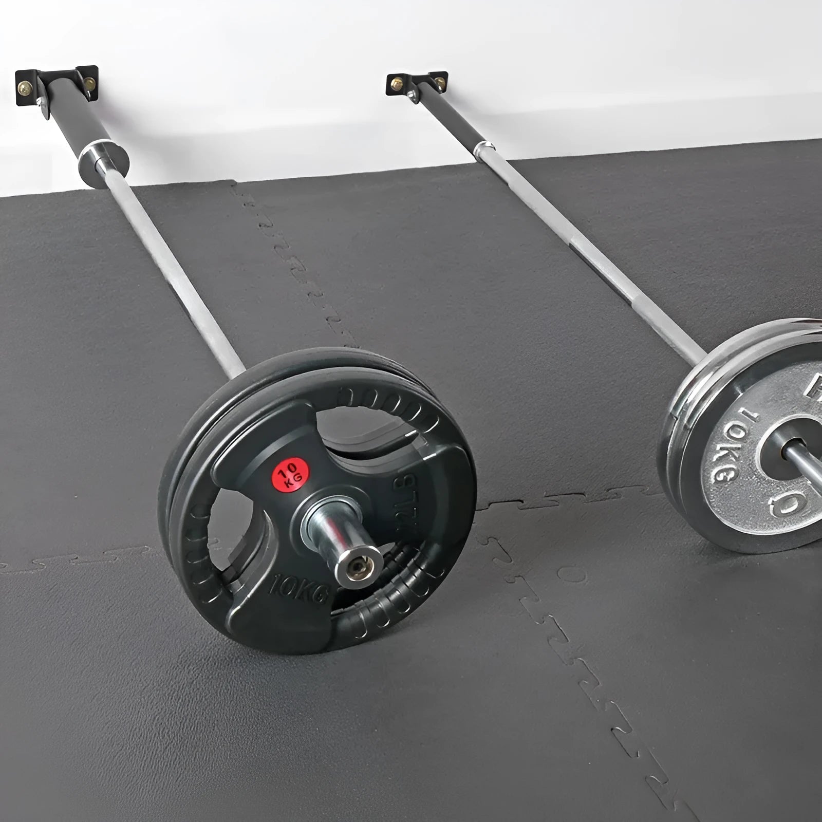 Steel wall-mounted barbell barrel rack with 25 vertical tube slots