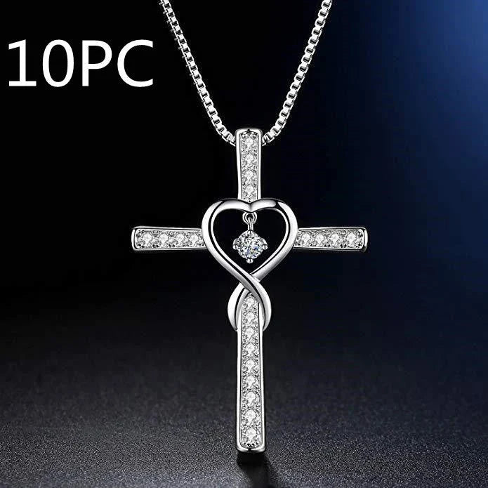Christian Cross Birthstone Pendant Necklace with Zircon Heart in gold-plated finish