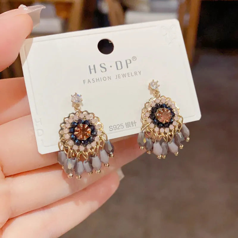 Purple and blue diamond embedded round crystal tassel earrings with thick gold plating