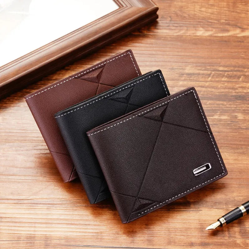 Men's horizontal three-fold PU leather wallet showing multiple card slots in black colour option
