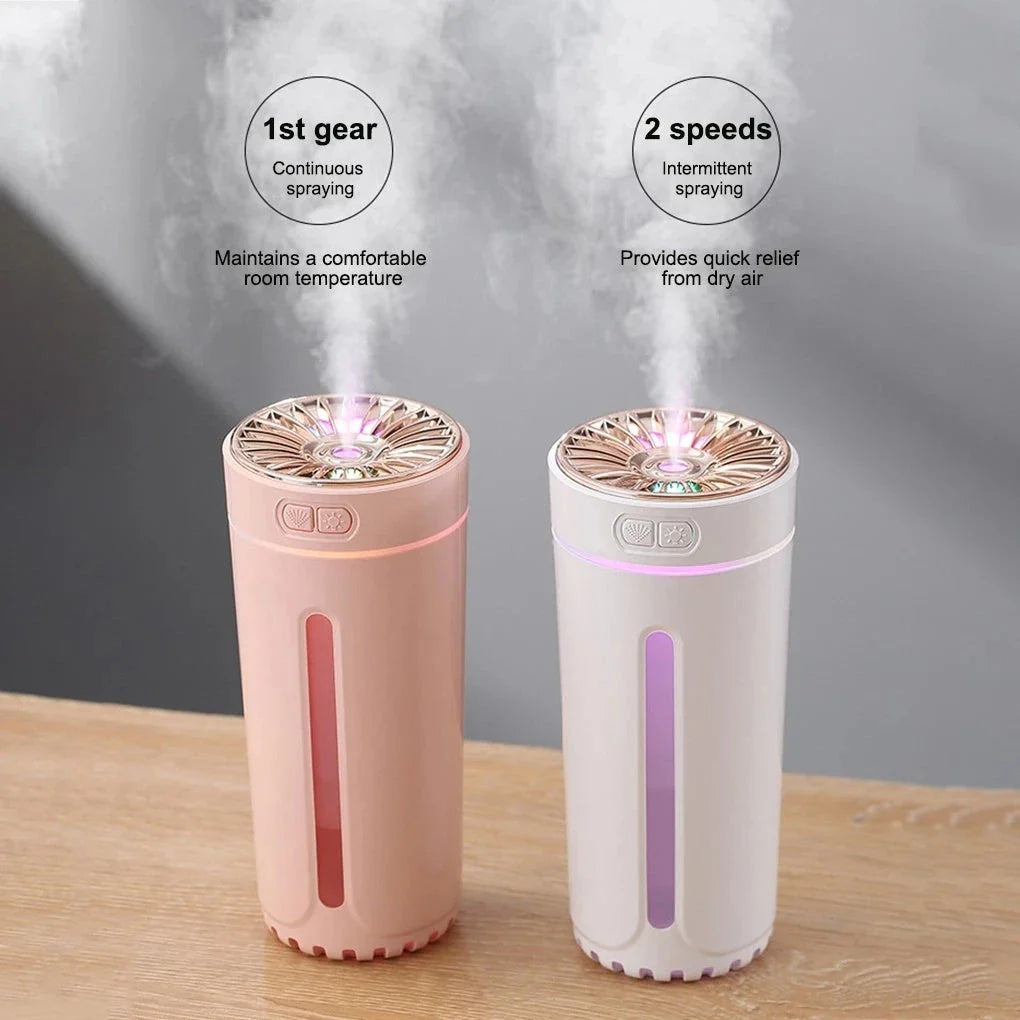 Portable ultrasonic humidifier with colorful lights, USB charging, and compact design for use in car or home